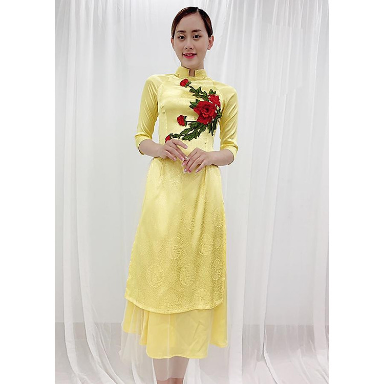 Set Áo Dài Cách Tân Kiểu Áo Dài Tay Lỡ Thêu Đắp Hoa Mẫu Đơn Màu Đỏ Kèm Chân Váy ROMI 3157