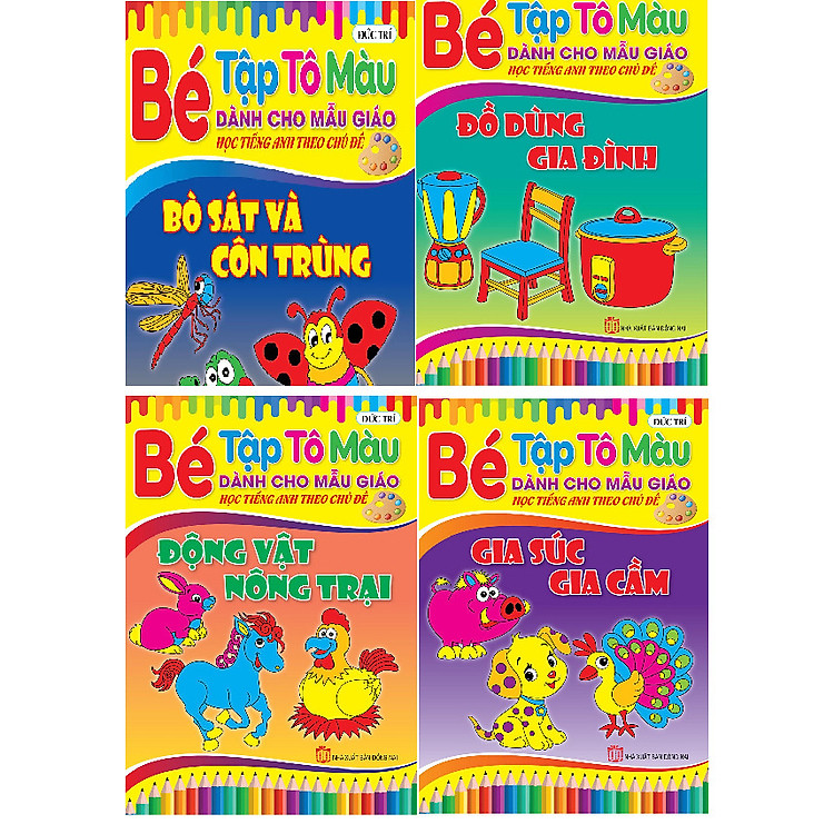 Bộ 4 quyển Bé Tập Tô màu Mẫu Giáo Theo Chủ Đề: Gia Súc Gia Cầm, Bò sát Côn Trùng, Động Vật Nông Trại, Đố Dùng Gia Đình
