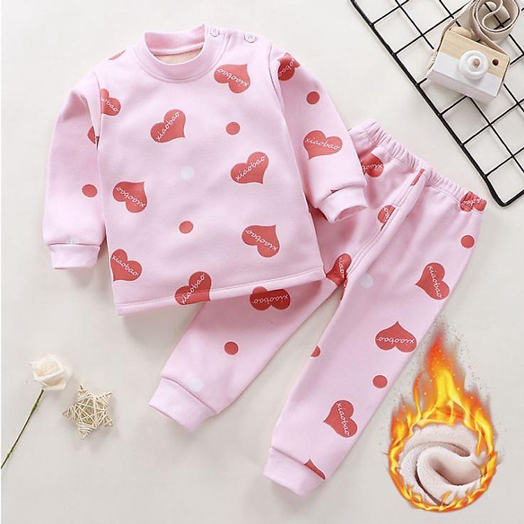Bộ Quần Áo Thun Cotton Thu Đông Dài Tay Lót Nhung Dày Dặn Cho Bé Gái Màu Hồng Trái Tim - Me Yeu Con 1102 - Từ 7-27 Kg