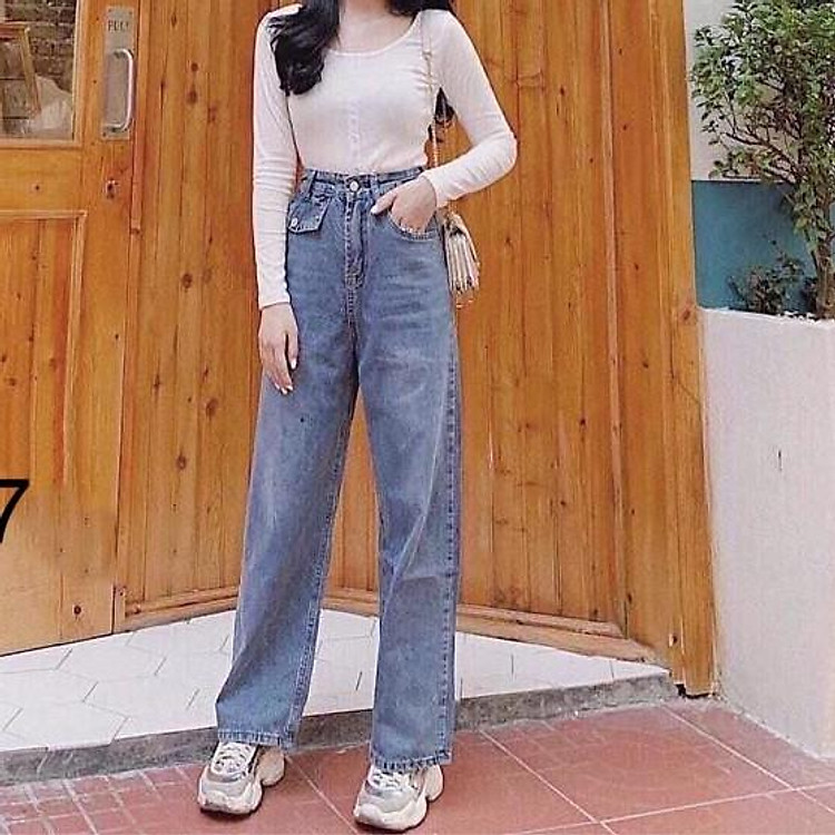 QUẦN JEAN DÀI ỐNG RỘNG LƯNG CAO KÈM TÚI NHỎ - QUẦN BÒ NỮ CULOTTES SUÔNG T 22