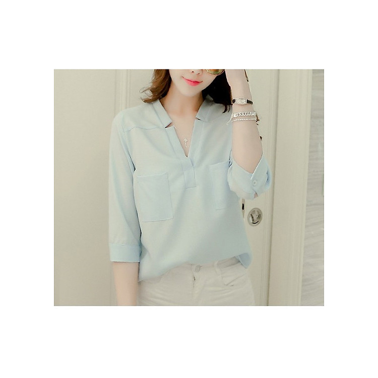 Áo sơ mi nữ kiểu công sở - tay lửng cổ V