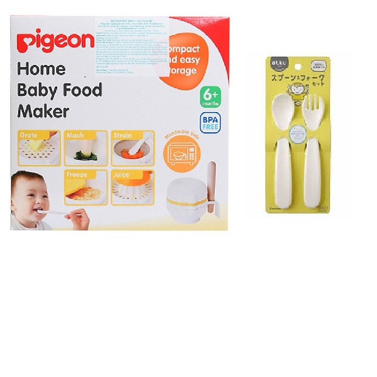 Combo Bộ chế biến ăn dặm Pigeon + Bộ thìa dĩa nhật