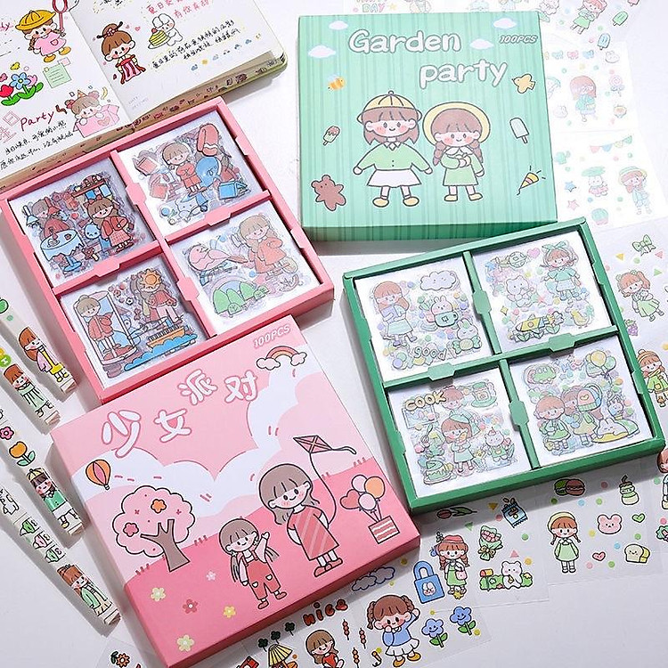 SP1622 set hộp 100 tấm sticker 1000 hình dán chống nước nhiều phong cách cute dễ thương