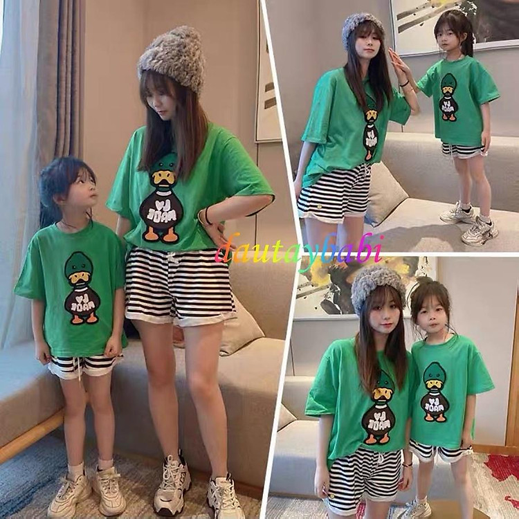 Sét bộ thể thao thun cotton áo ngắn tay quần sort cho mẹ và bé cực iu 10-47kg