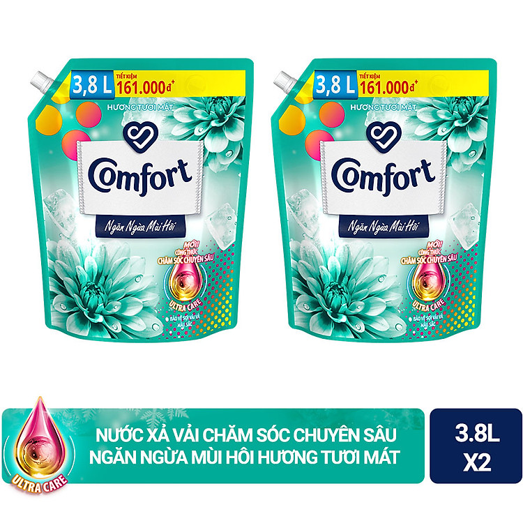 Combo 2 túi nước xả vải làm mềm vải Comfort Chăm sóc Chuyên sâu Ngăn ngừa mùi hôi Hương Tươi Mát túi 3.8L