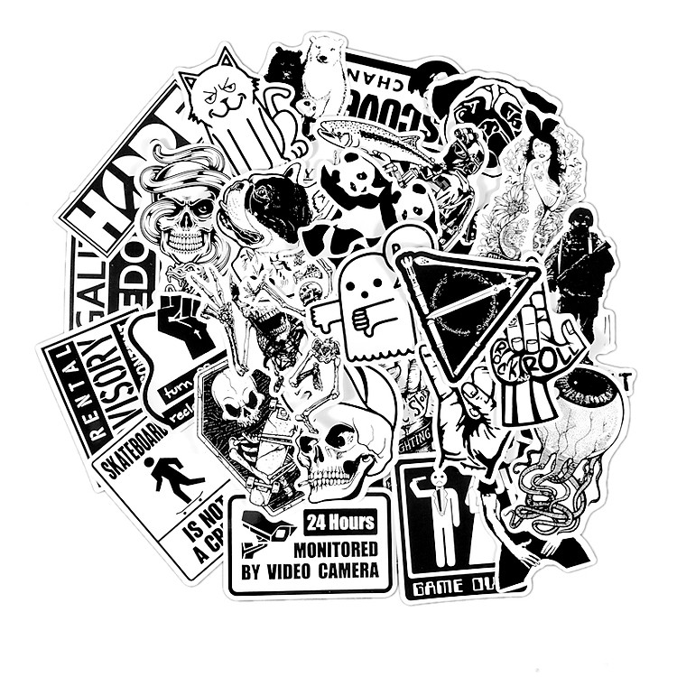 Bộ 100 Sticker Trắng Đen Dán Xe Máy - Mũ Bảo Hiểm