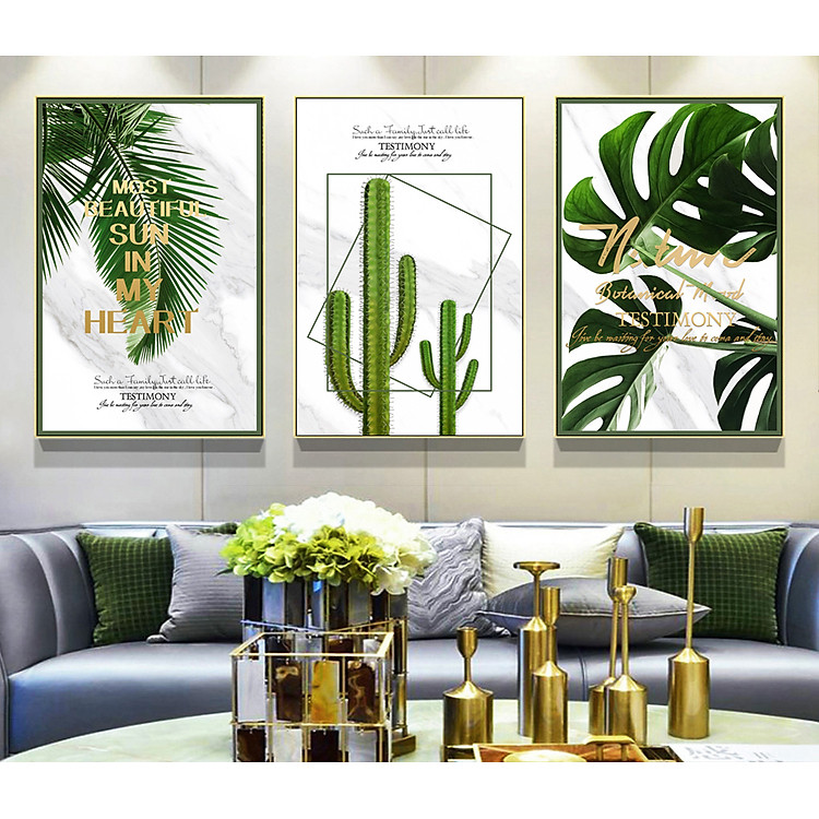 Tranh treo tường- Tranh tráng gương Lá cây Nhiệt Đới- Bộ 3 tấm