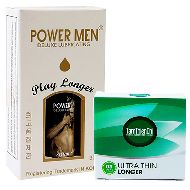 Gel bôi trơn Kéo Dài thời gian Powermen Play Longer chai 30ml Tặng 1 hộp Bao cao su siêu mỏng kéo dài Tâm Thiện Chí TTC Ultrathin hộp 3 cái