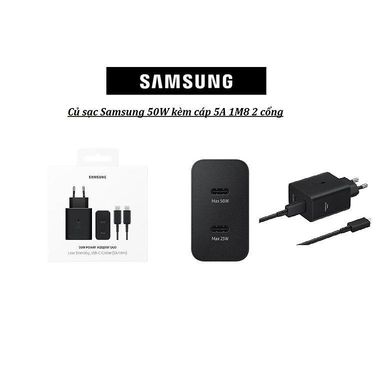 Bộ sạc nhanh Samsung 2 Cổng (50W + 25W) Kèm Cáp 5A 1M8 Hàng chính hãng