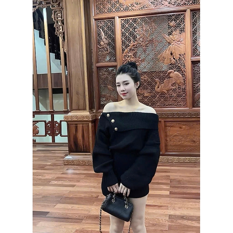 Váy Len Body Trễ Vai Phối Nút Tay Dài Dáng Ôm Sang Chảnh, Tôn Dáng Quyến Rũ