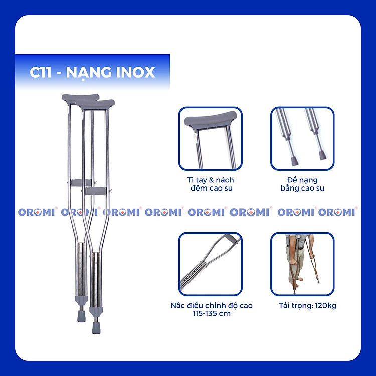 Nạng chống nách nhôm/inox có cao su mềm OROMI C11/C12 - Dụng cụ hỗ trợ người khuyết tật