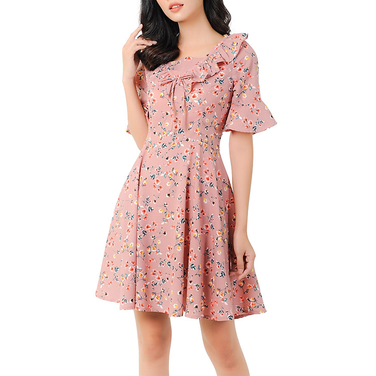 Đầm Xòe Cổ Nhúng Bèo Họa Tiết Hoa Eden D278H - Hồng