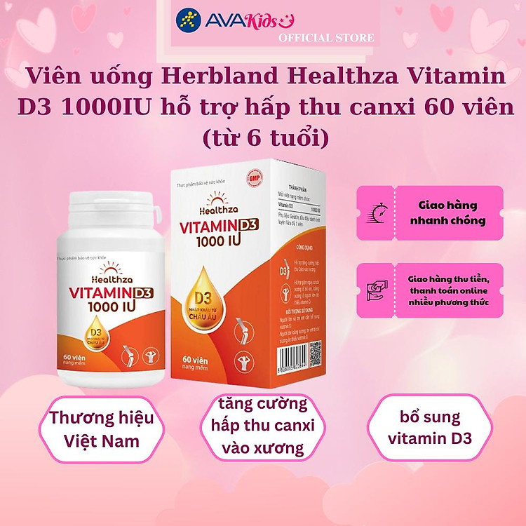Viên uống Herbland Healthza Vitamin D3 1000IU hỗ trợ hấp thu canxi 60 viên (từ 6 tuổi)