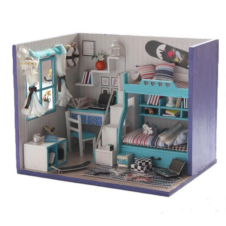 Nhà búp bê Cute Room - Phòng ngủ với giường tầng màu xanh lam cho hai anh em - mẫu II