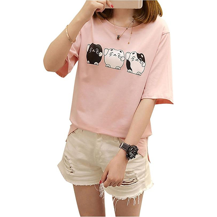 Áo thun nữ con mèo dễ thương màu dâu d468 thương hiệu T&d