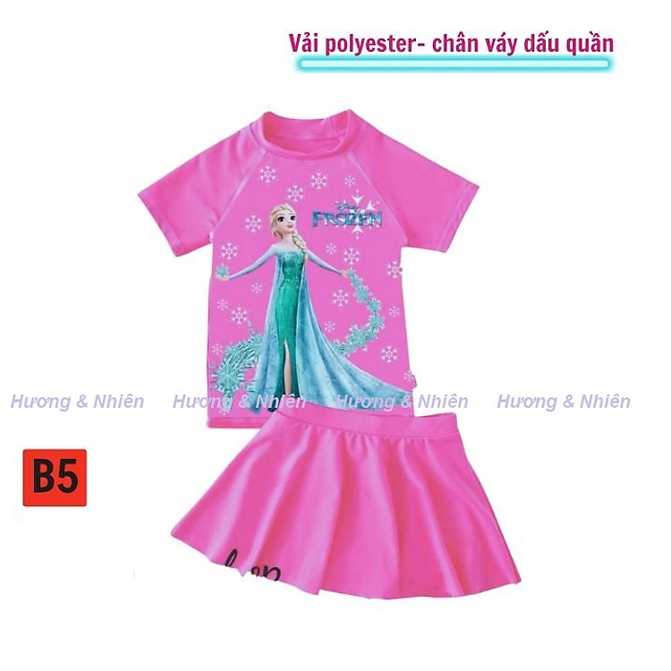 Đồ bơi bé gái tay ngắn chân váy hình Elsa - Anna từ 11-40kg, quần giả váy tạo cảm giác tự tin-kín đáo