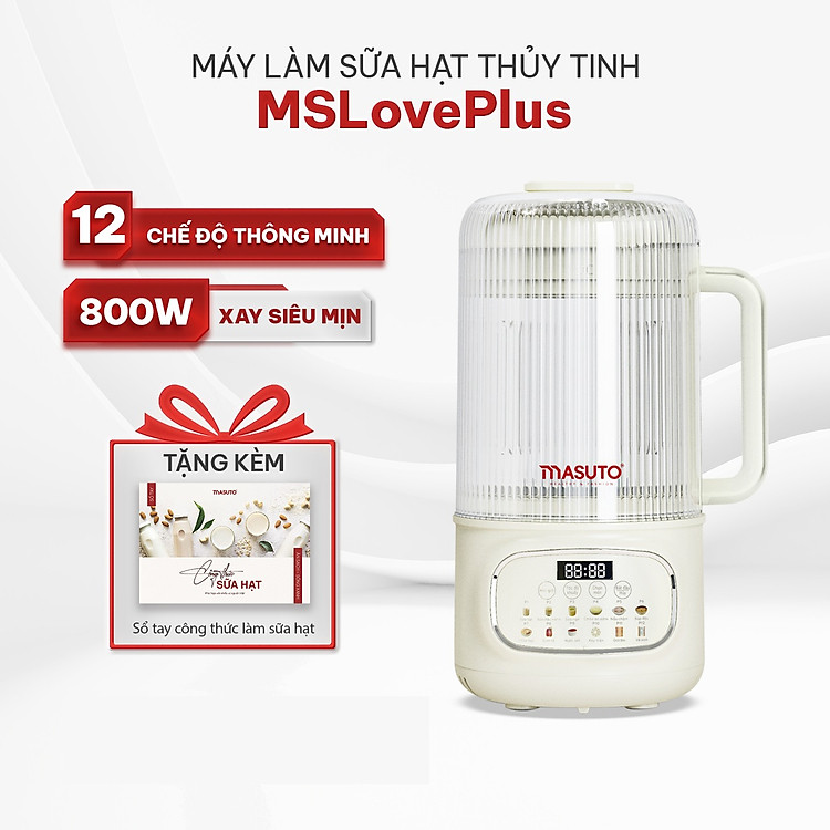 Máy làm sữa hạt thủy tinh chống ồn Masuto MS Love Plus dung tích 1,2L có hẹn giờ 12 chế độ nấu - Hàng chính hãng