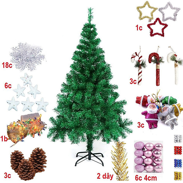 Cây thông Noel loại đẹp tán rộng, lá xanh dày, đế chân sắt chắc chắn công nghệ Hàn Quốc tặng kèm bộ phụ kiện trang trí