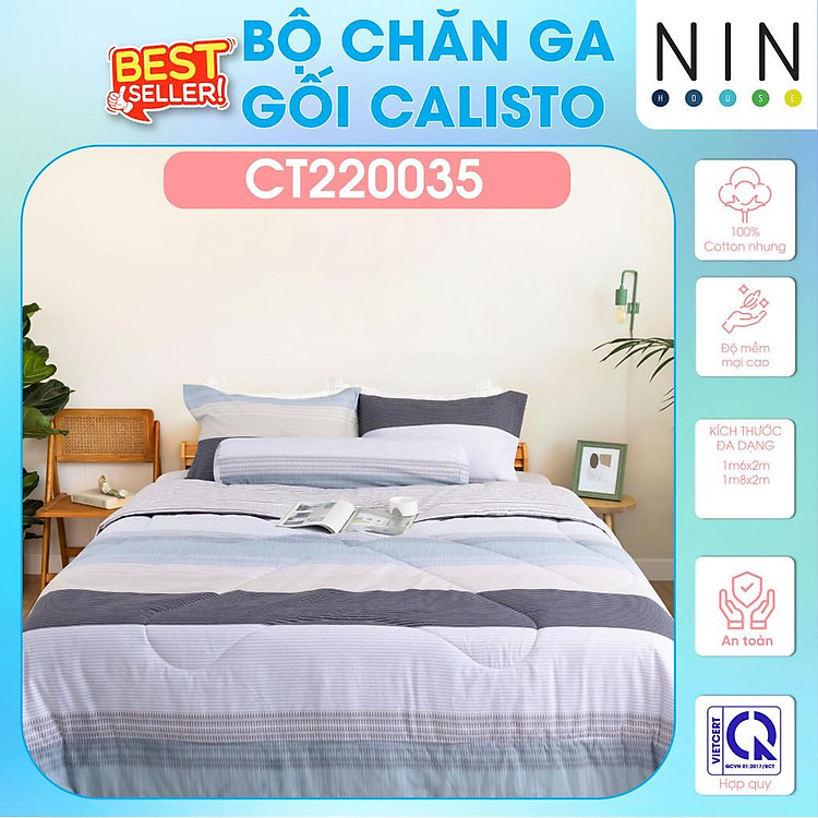 NEW ARRIVAL Bộ 5 món drap cotton, áo gối, mền chần NIN Calisto CT220035 1m6, 1m8 bọc nệm bo chun, cao cấp