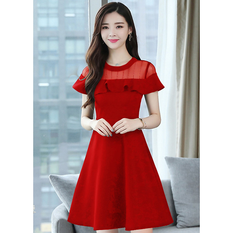 Đầm xòe bèo phối lưới D398D màu đỏ