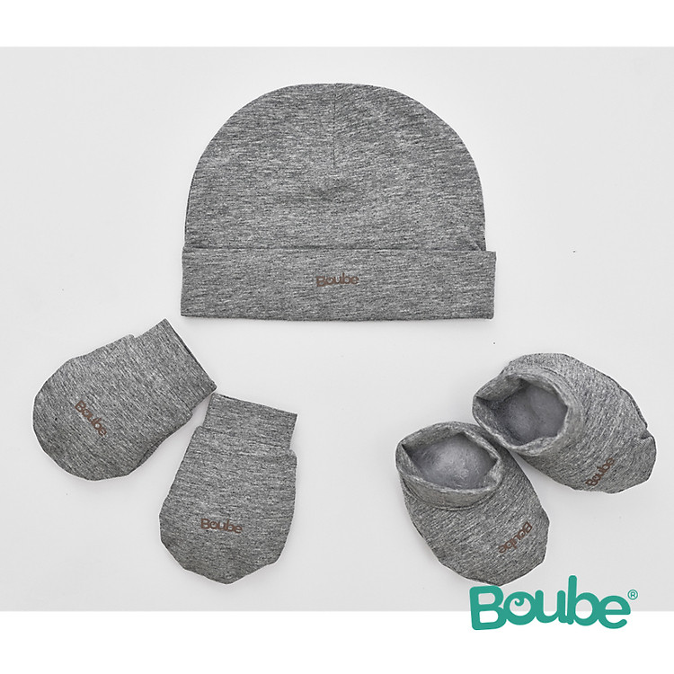 Set phụ kiện nón, bao tay, bao chân màu ghi cho bé sơ sinh Boube, Vải Cotton Organic thoáng mát - Size Newborn