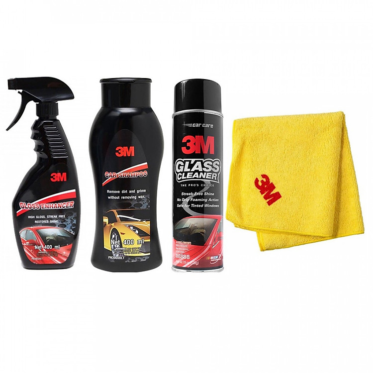Bộ 4 sản phẩm rửa xe chuyên nghiệp 3M tại nhà bao gồm Dung dịch rửa xe 39000LT, khăn lau chuyên dụng 50400VL, Dung dịch rửa kính ô tô 08888, tăng độ bóng sơn ô tô 39034LT