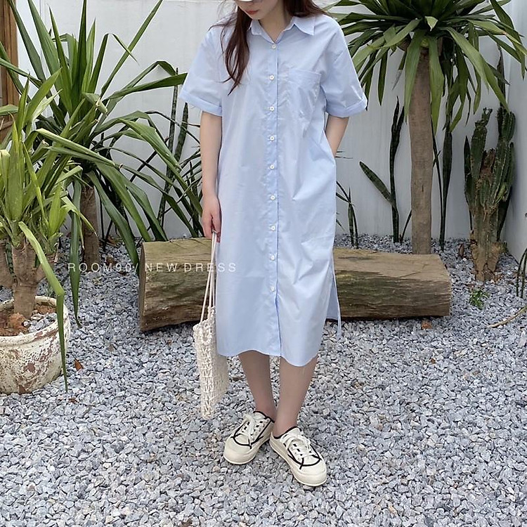 Váy Đầm sơ mi dáng dài trơn màu phong cách Hàn quốc