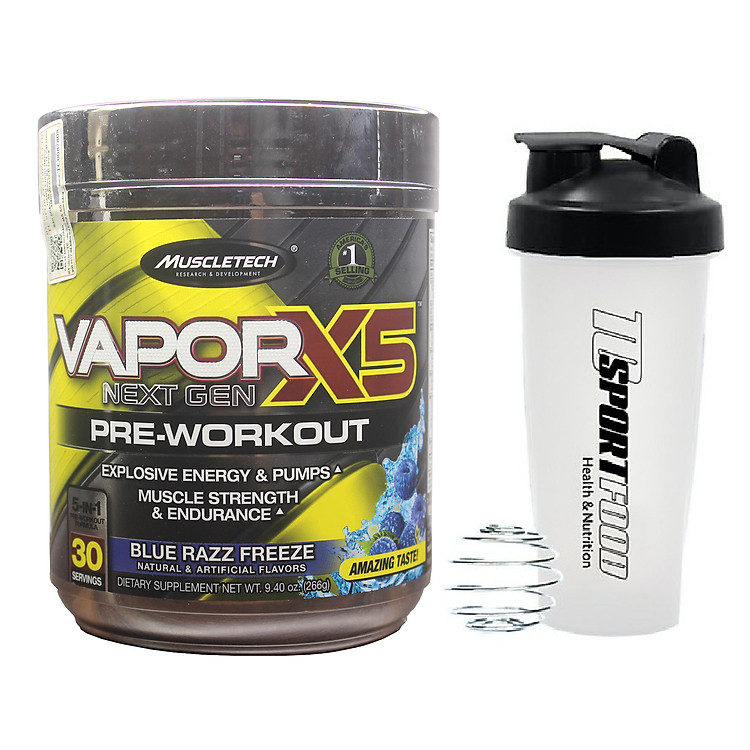 Combo Pre-Workout Vapor X5 của MuscleTech hương Blue Razz Freeze hộp 30 lần dùng hỗ trợ Tăng Sức Bền, Sức Mạnh, Đốt Mỡ, Giảm Cân mạnh mẽ cho người tập GYM & bình lắc 600 ml (Màu Ngẫu Nhiên)