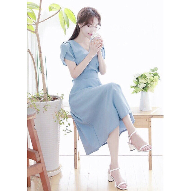 Đầm mila xanh form dài thắt eo