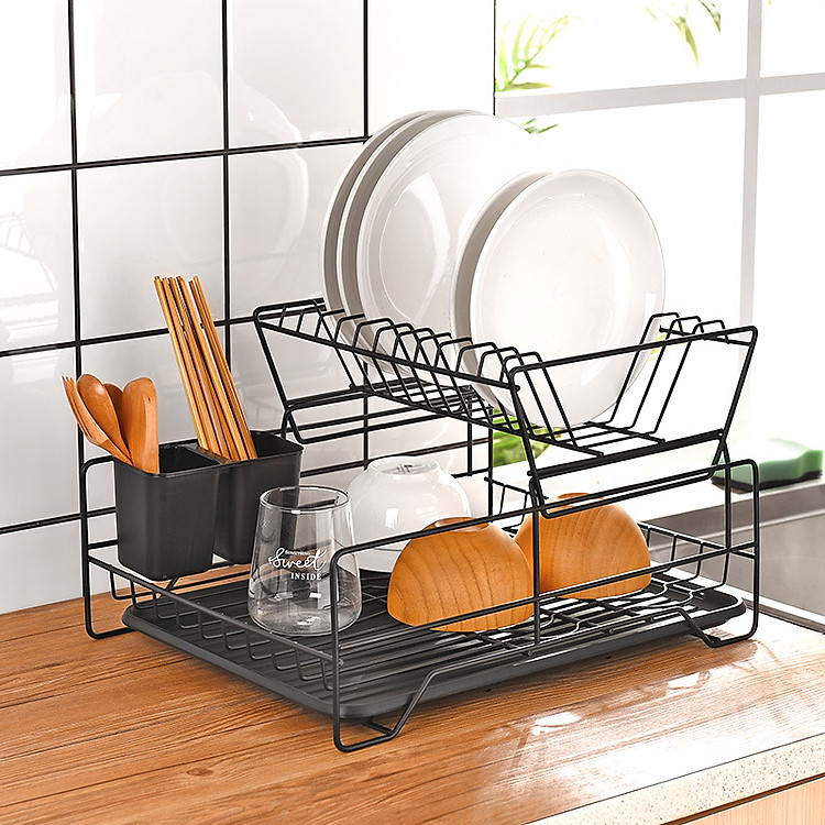 Kệ Úp Chén Bát Đũa Cốc 2 Tầng Đa năng có khay thoát nước xuất Nhật
