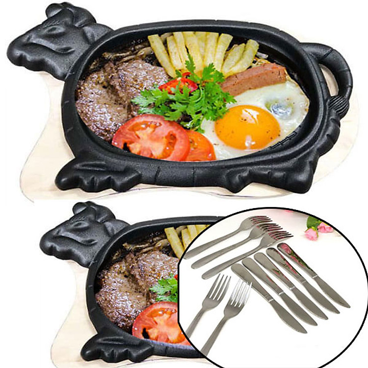 Bộ 2 Chảo Gang Bò Né Chống Dính + 2 Đế Gỗ + 2 Dao + 2 Nĩa Loại Tốt