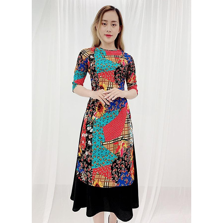 Áo Dài Cách Tân Kiểu Áo Dài In 3D Họa Tiết Hoa Hướng Dương Và Hoa Nhí Nền Xanh Đỏ ROMI 3147 ( Không Kèm Váy)