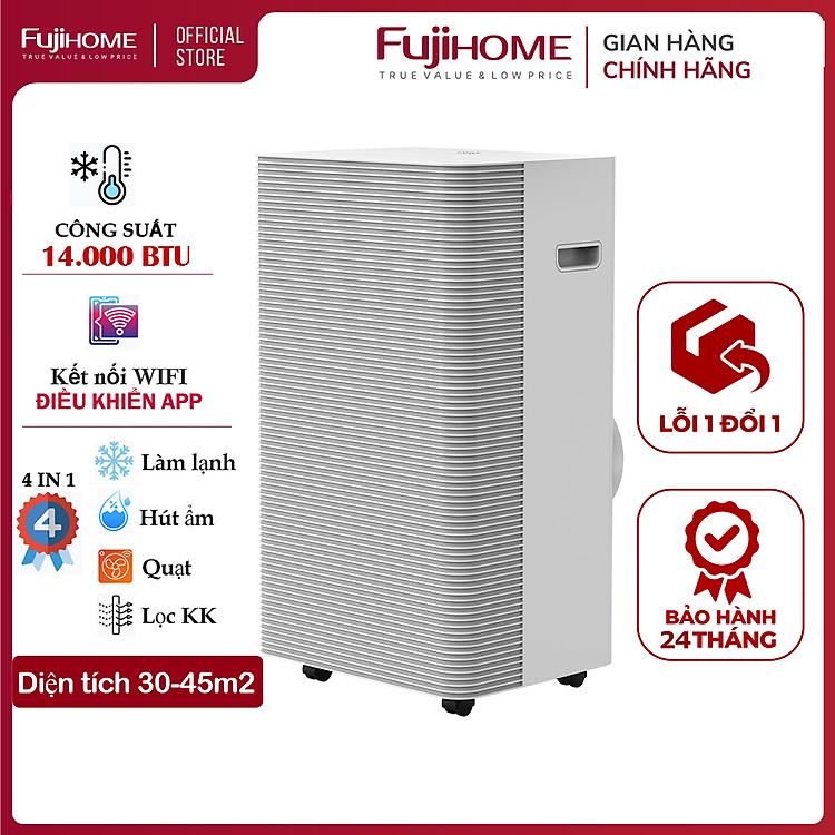 Máy lạnh di động đứng 14.000 BTU FUJIHOME PAC14, điều hòa di động mini kết nối Wifi điều khiển qua App, 4 chức năng, làm lanh, hút ẩm, lọc không khí, quạt - Hàng chính hãng