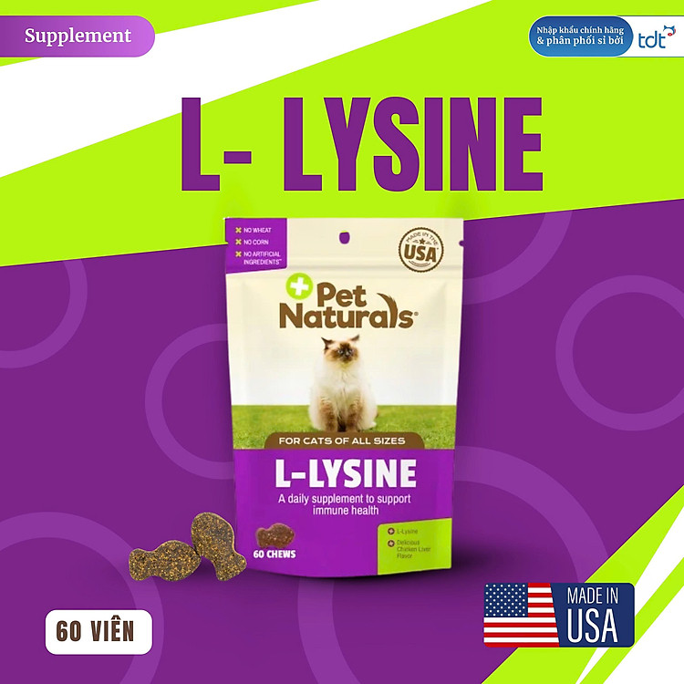PET NATRALS VIÊN NHAI BỔ SUNG LYSINE CHO MÈO - L-LYSINE HỖ TRỢ SỨC KHỎE & CHỨC NĂNG MIỄN DỊCH túi 60 viên