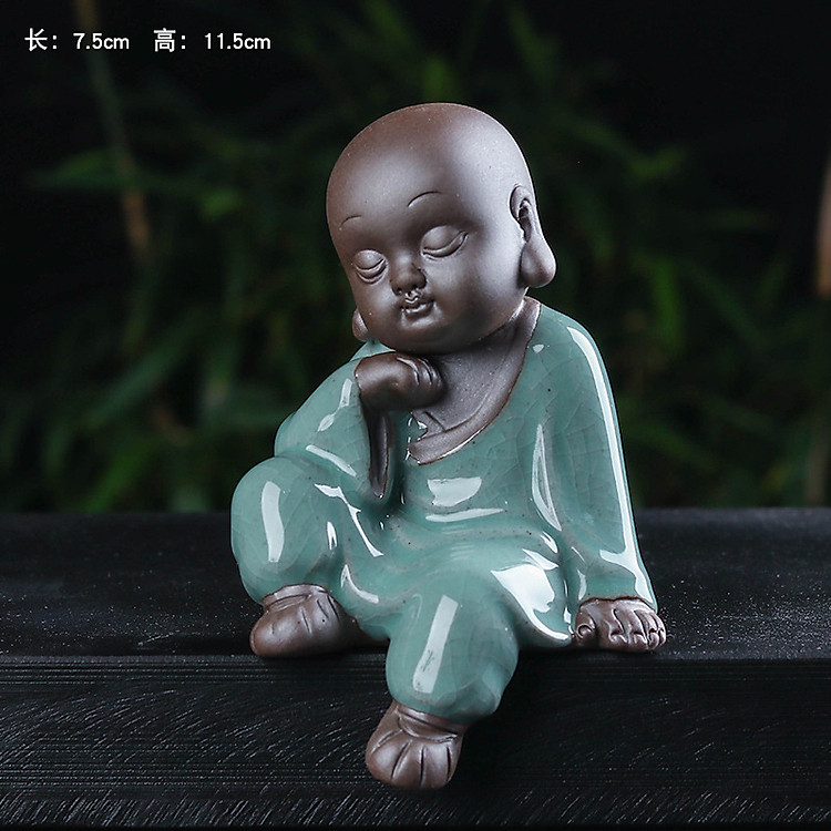 Tượng Chú Tiểu Gốm Xanh Ngồi Thư Thái Thiền Định_ Hàng Chính Hãng