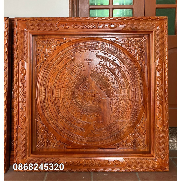 TRANH ĐIÊU KHẮC TRỐNG ĐỒNG ĐÔNG SƠN BẰNG GỖ HƯƠNG ĐỎ (97×97×5cm) - Ảnh 2