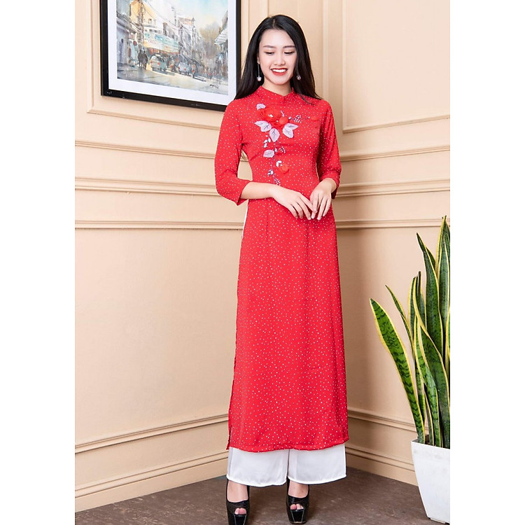 Áo dài truyền thống thêu hoa chấm bi