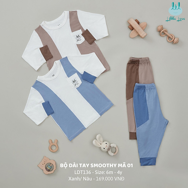 Bộ quần áo dài tay chất smoothy siêu mềm mịn, túi ngực dành cho bé LiL Little Love LDT136