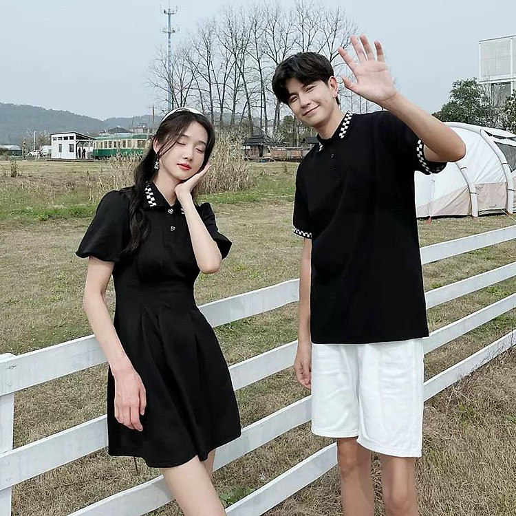 Đồ đôi nam nữ, set váy áo đôi phối cổ kẻ thiết kế phong cách Hàn Quốc, Váy áo thun đôi cao cấp suông pody