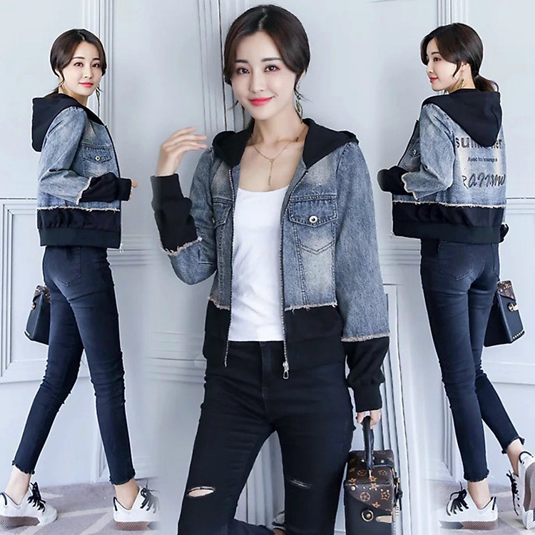 Áo Khoác Jean Nữ Nón Trùm Phối Thun Thêu Chữ TM07