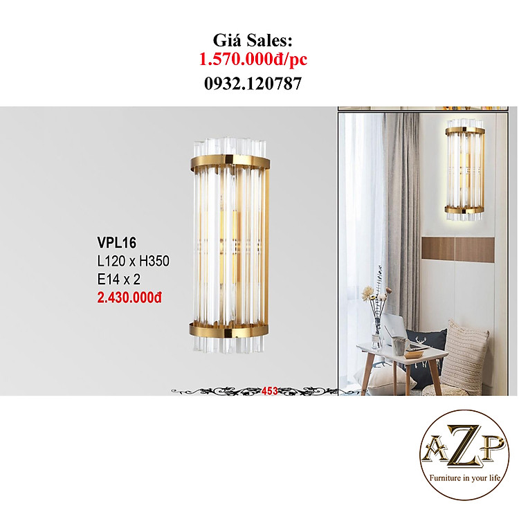 AZP - ĐÈN ỐP VÁCH / ĐÈN TRANG TRÍ / ĐÈN TREO TƯỜNG PHÒNG KHÁCH, PHÒNG NGỦ, NHÀ HÀNG, KHÁCH SẠN AZP-VT16 phong cách đương đại, hàng nhập khẩu AZP