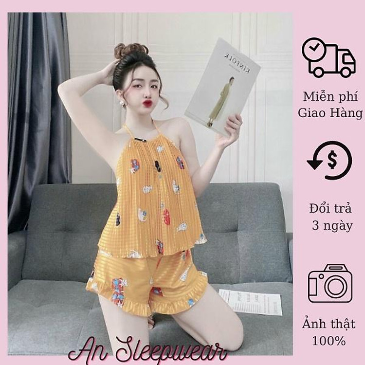 GIÁ XẢ KHO- Bộ mặc nhà, đồ ngủ nữ đẹp kiểu yếm, cổ xếp ly kết ngọc, chất lụa đẹp, mát, ít nhăn, phom dưới 58kg