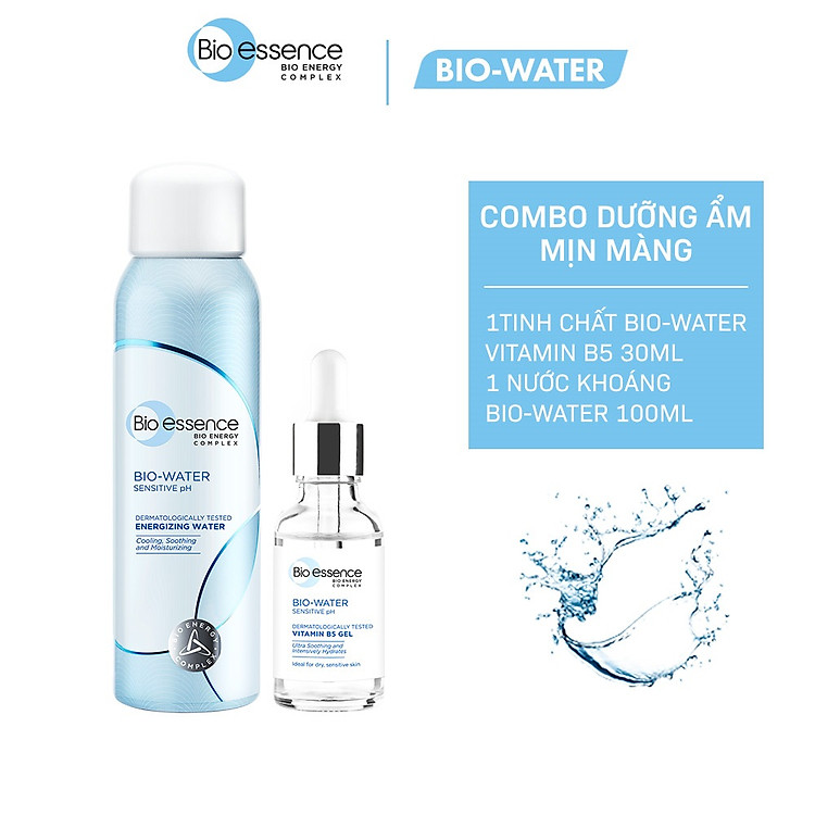 Combo dưỡng ẩm mịn màng Bio-essence (Tinh chất dưỡng ẩm Bio-water Vitamin B5 30ml + Nước xịt khoáng Bio-Water Energizing Water 100ml)