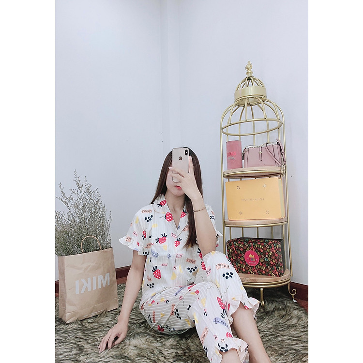 Đồ bộ ngủ Pijama mặc nhà Lụa Gấm tay ngắn quần dài - dài cộc phối bèo họa tiết dưới 62kg cho bạn nữ cực xinh và dễ thương