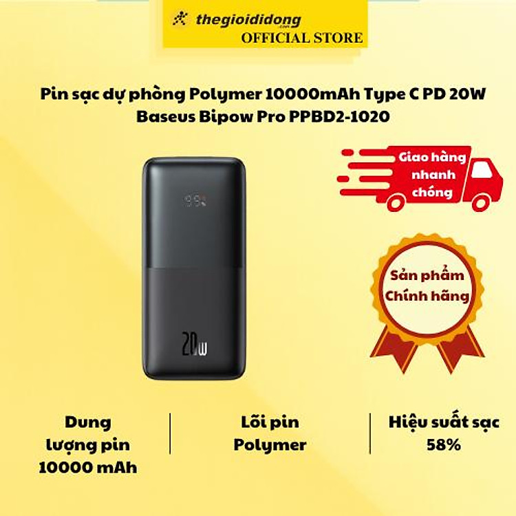 Pin sạc dự phòng Polymer 10000mAh Type C PD 20W Baseus Bipow Pro PPBD2-1020 - Hàng Chính Hãng