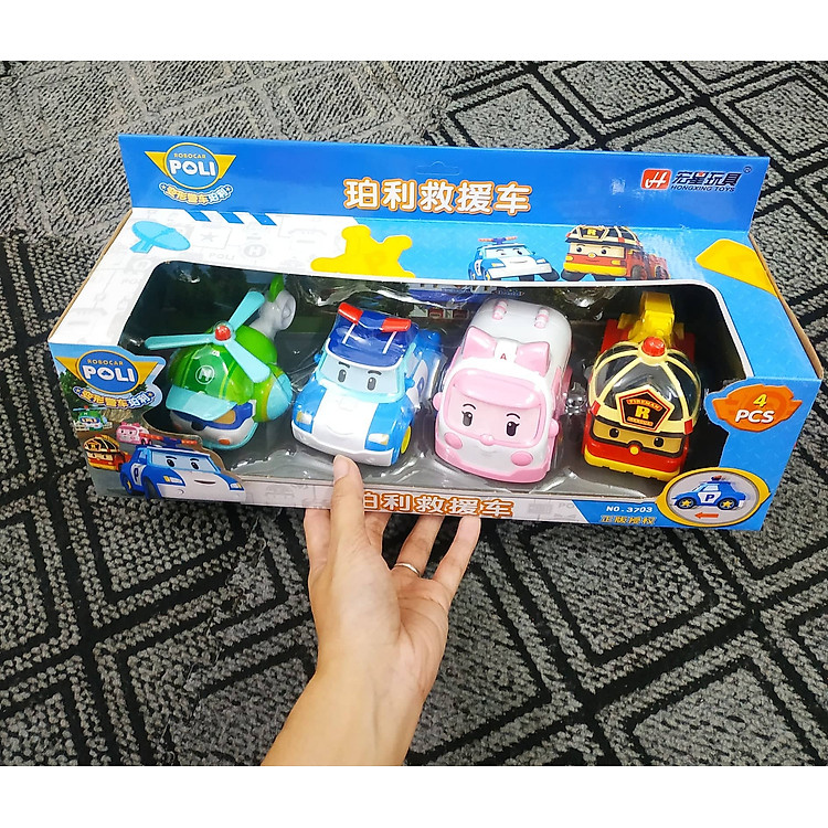 Bộ đồ chơi 4 xe Policar Robocar Poli chạy đà, chạy trớn đáng yêu kích thước 10cm/xe (bao bì hình hộp chữ nhật y hình)