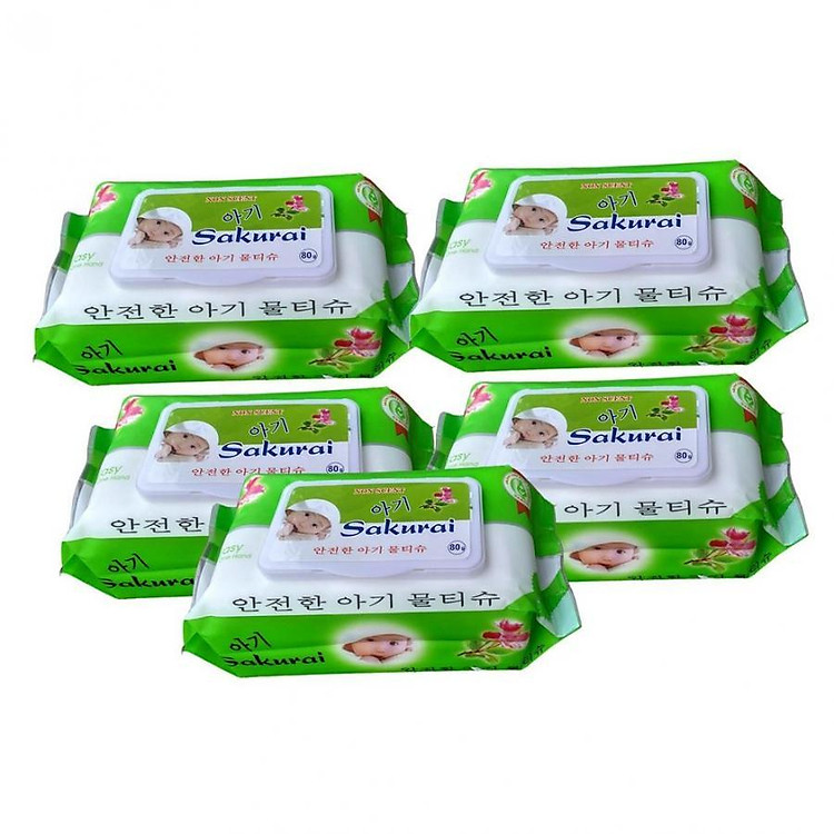 Combo 5 gói khăn ướt Sakurai 80g (KM 10 khẩu trang y tế cao cấp)