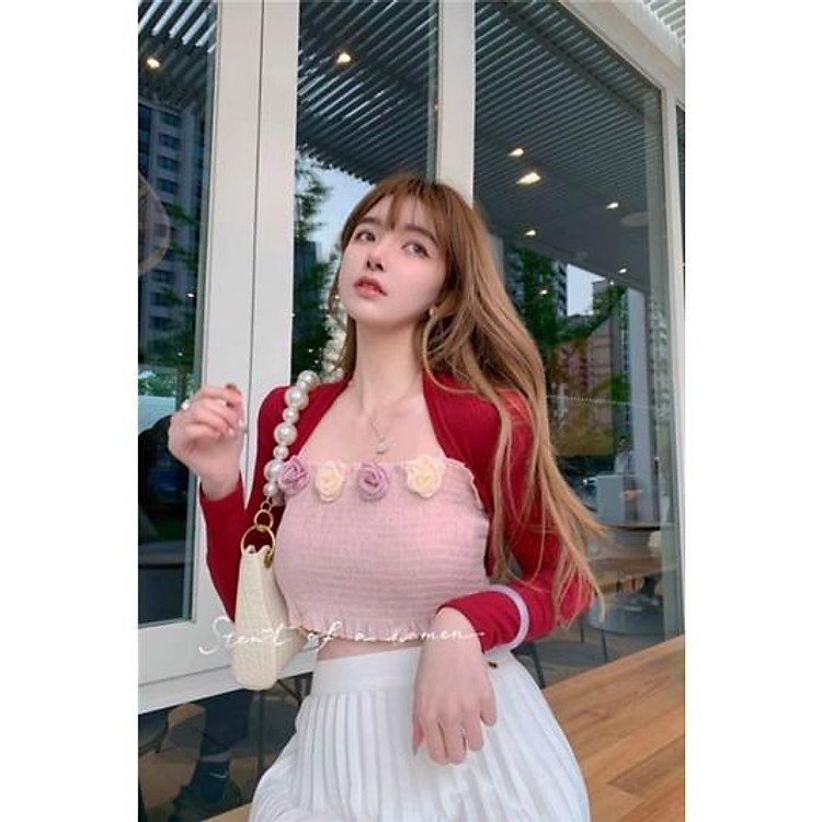 Set áo hai dây nhún hoa hồng và áo khoác ngoài ( CÓ BÁN LẺ)