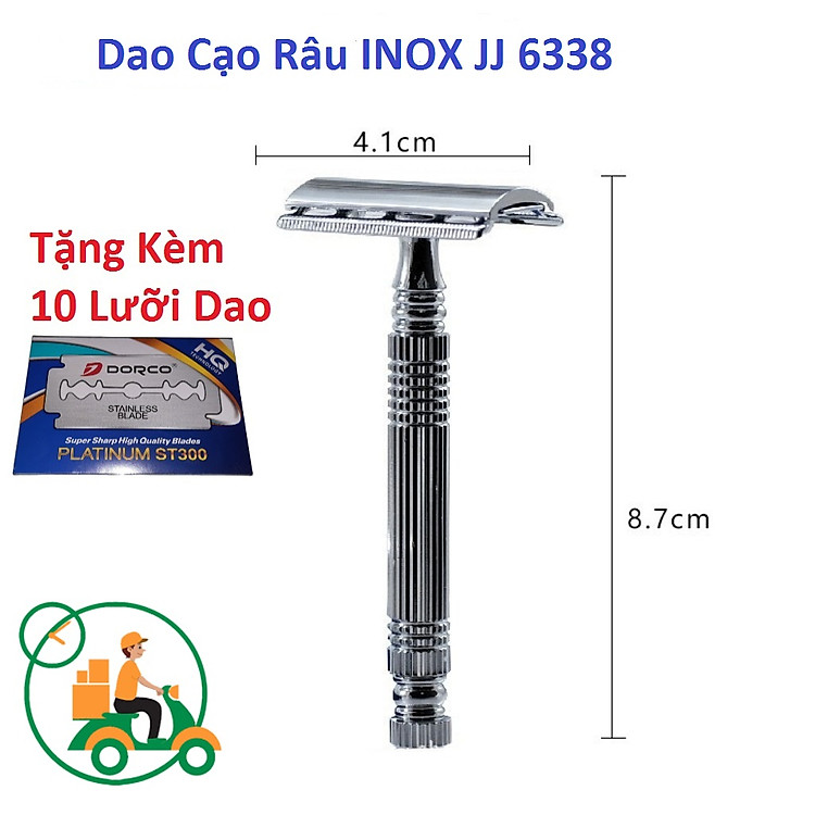 Dao cạo râu INOX cổ điển 6338 có thể thay lưỡi lam, Tặng kèm 10 lưỡi dao cạo 2 mặt