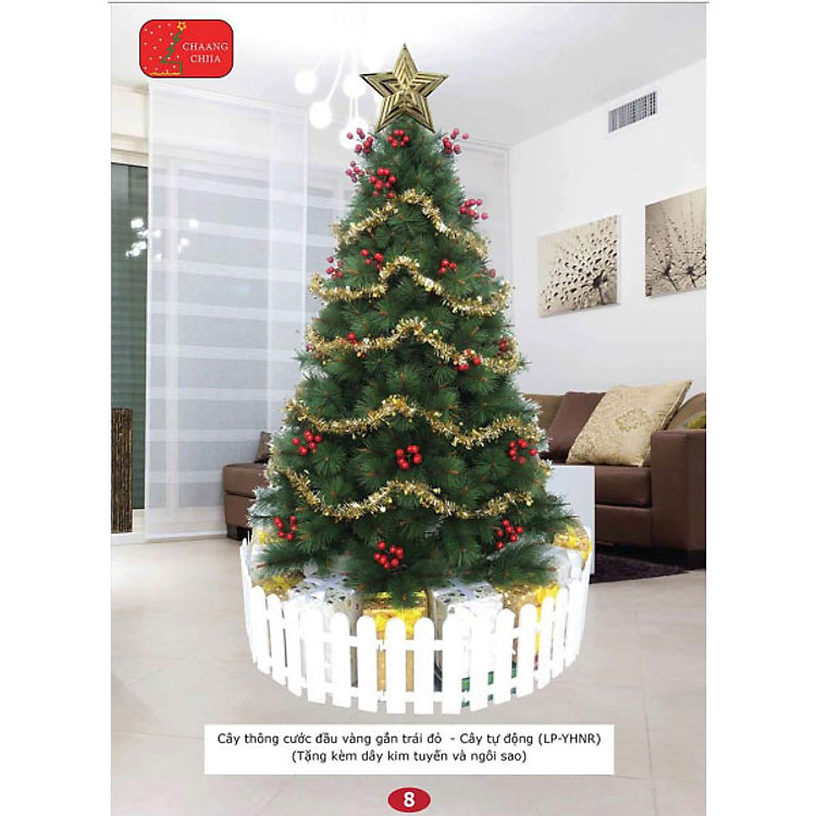 Cây thông noel cước đầu vàng gắn trái đỏ 2m4